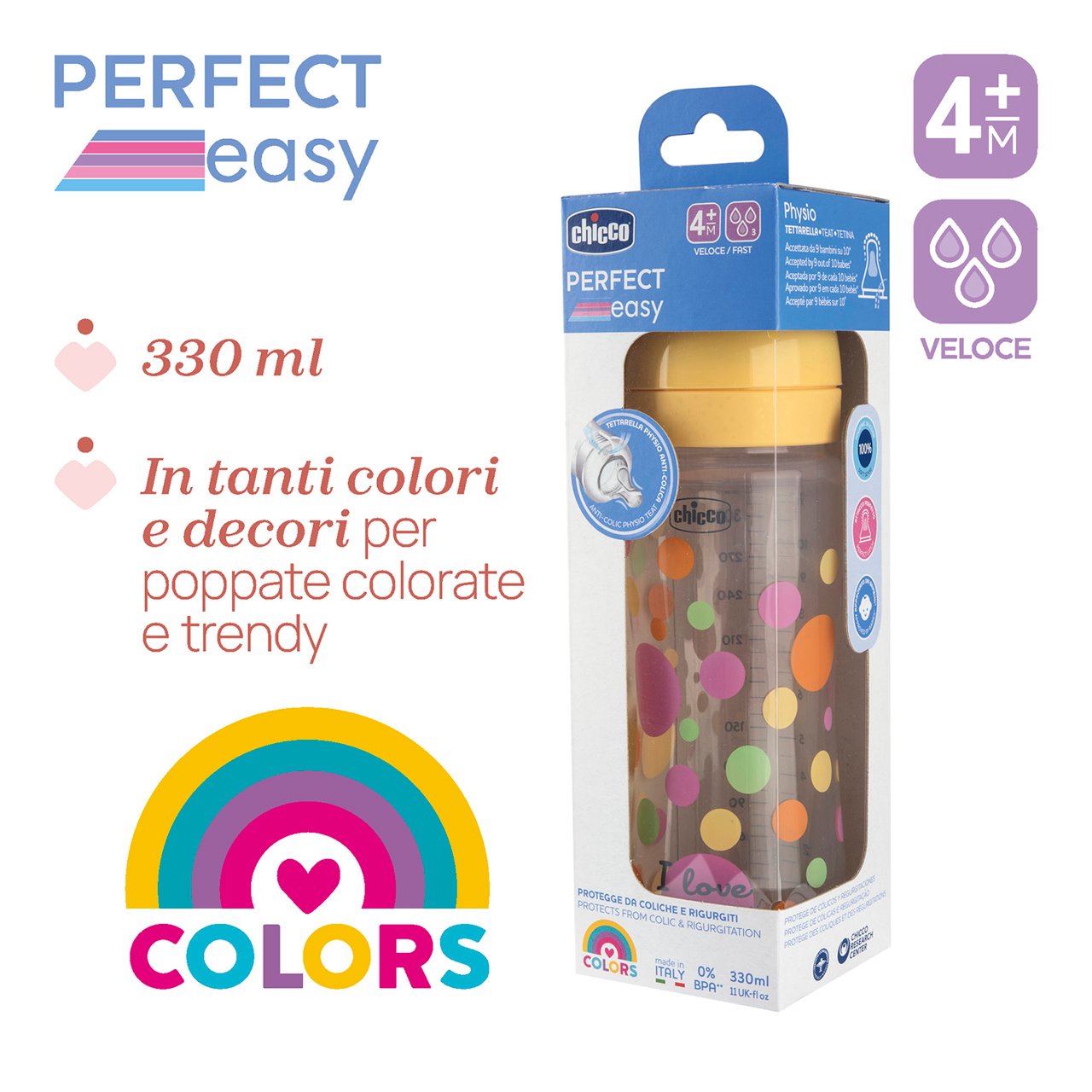 Chicco Perfect Easy baby bottle 330ml fast flow yellow
